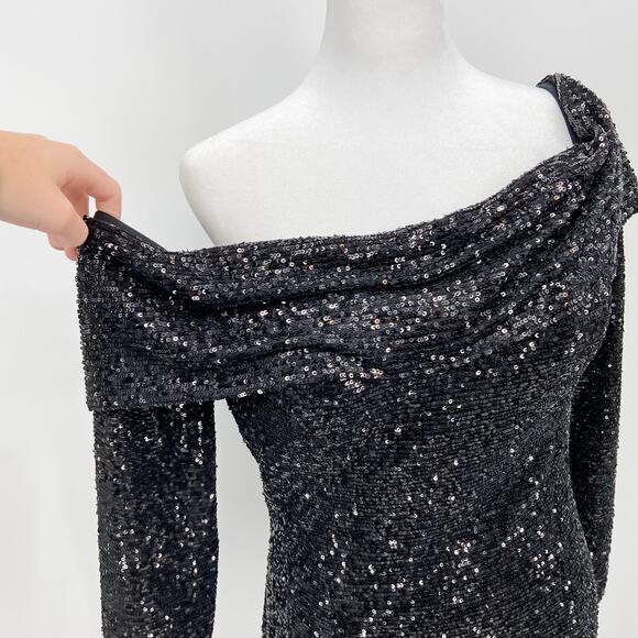Rene Ruiz Dress Sz 12 Black Sequin Gown Formal Off The Shoulder Metallic Evening - Picture 6 of 13